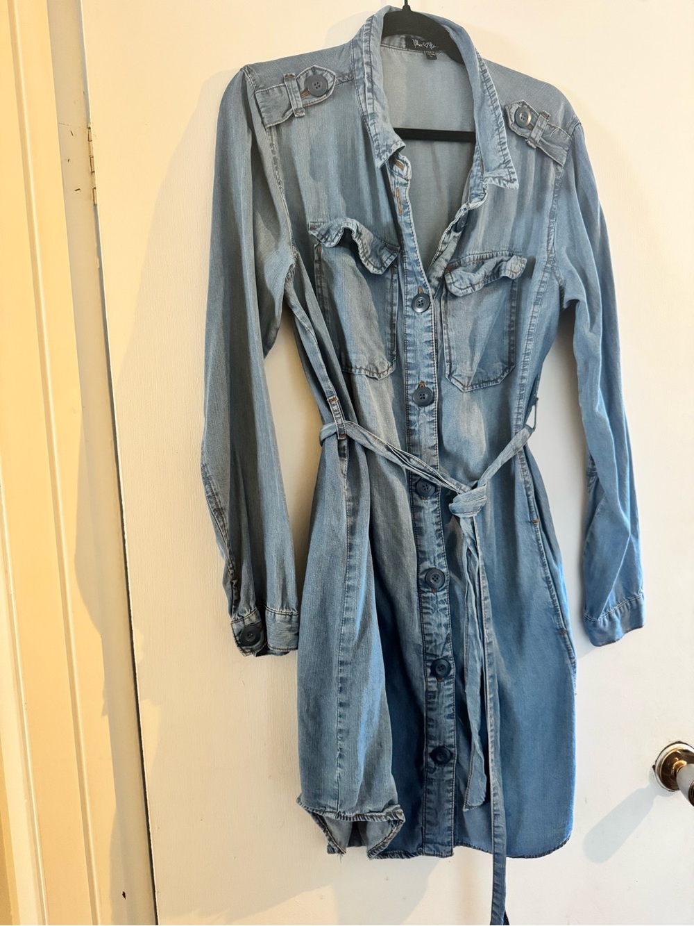 Light Blue Denim Shirt Jacket with Waist Tie - Women's Jean Jacket
